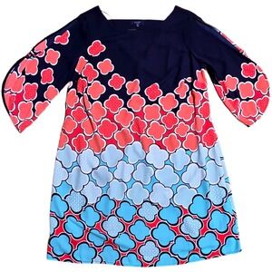 Kaari Blue Shift Dress Blue Coral Quatrefoil Print Women's Size OX Cold Shoulder